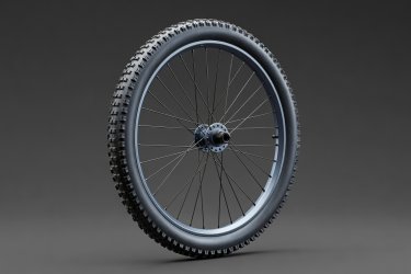 Render of a 29-inch aggressive knobby mountain bike tire mounted on an alloy rim