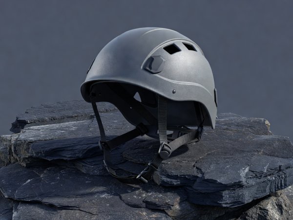 Render of climbing safety helmet showing protective shell on slate