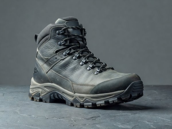 Render of an expedition hiking boot with aggressive tread profile on slate background